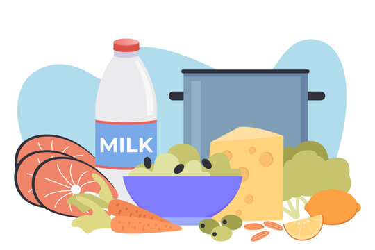 Nutritional products vector illustration. Fresh salad, salmon, cheese, milk, vegetables, olives, nuts. National nutrition month, healthy food concept