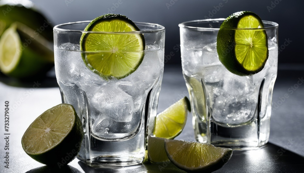 Sticker Two glasses of water with lime wedges