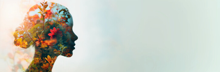 profile of a human head filled with a flowers and leaves, symbolizing a harmonious blend of nature and the human mind.