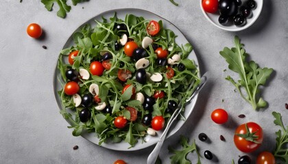 A salad with tomatoes, olives, and greens