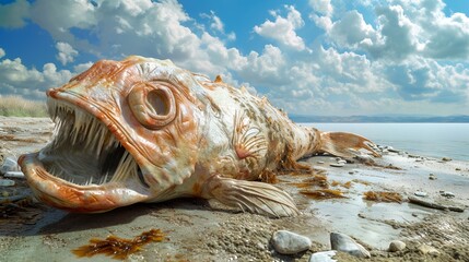 Dead fish environmental disaster with water pollution and death of marine life Generative AI Illustration