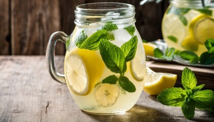 Obraz na płótnie Canvas A pitcher of lemonade with lemon slices and mint leaves