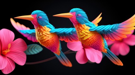 a couple of colorful birds sitting on top of a pink flower next to a pink flower on a black background.