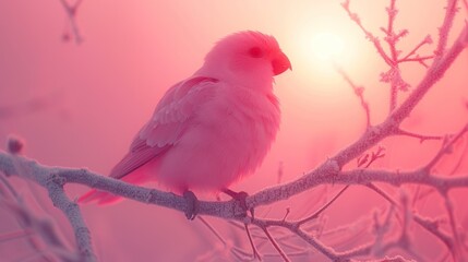 a close up of a bird on a tree branch with the sun in the back ground and a pink sky in the background.