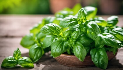 A bunch of fresh basil leaves in a wooden bowl