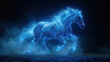 Obraz na płótnie Canvas a blue horse is galloping through a dark, foggy, foggy, and spooky landscape.