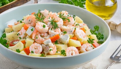 A bowl of shrimp and cheese salad with herbs on top