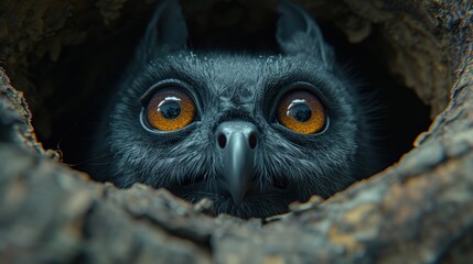 a close up of a bird's face with orange eyes and a black body with a tree branch in front of it.