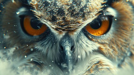 a close - up of an owl's face with snow on it's face and orange - colored eyes.