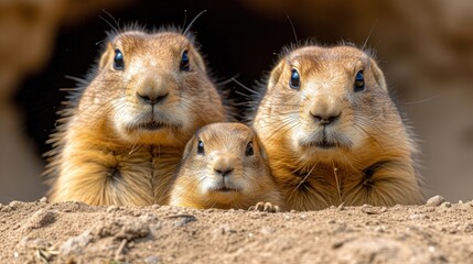 a group of three prairie groundhogs standing next to each other in front of a rock formation with a cave in the background.