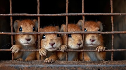 a group of small brown rodent looking out of a caged in area with their paws on the bars.