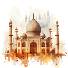 A brown watercolor illustration of an Islamic mosque on a white background, depicting a traditional place of worship with cultural and spiritual significance.