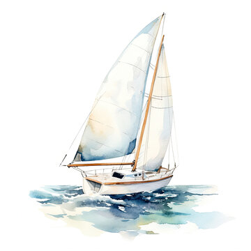 Watercolor illustration of yacht with sails on a white background.