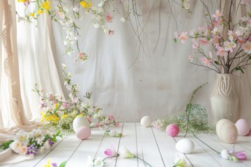 A Breathtaking Spring Backdrop with Pastel Easter Eggs and Lush Flowers 