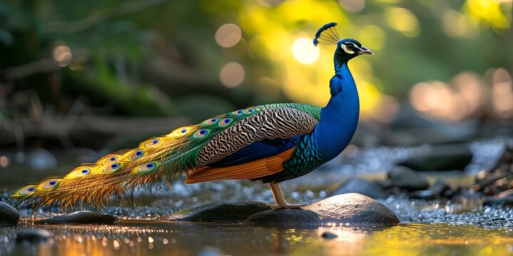 Elegant peacock standing by the water amidst the forest. nature's beauty captured in vibrant colors and daylight. perfect for design and nature themes. AI
