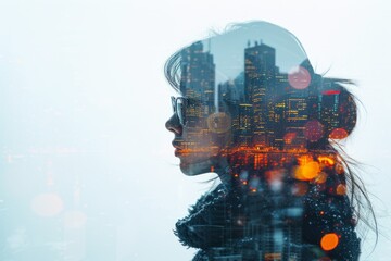 Double Exposure, Woman and the city. Portrait, Closeup. Surreal Abstract Double Exposure Photo. Copyspace.