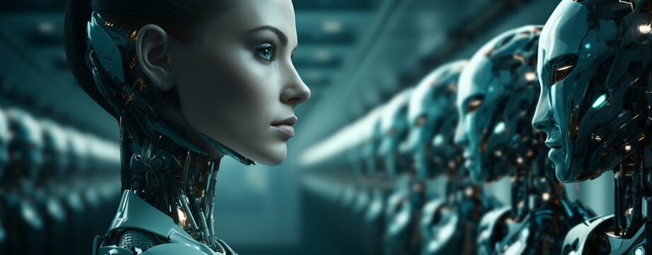 Futuristic robotic woman side view, Beauty portrait of African American cyborg girl.