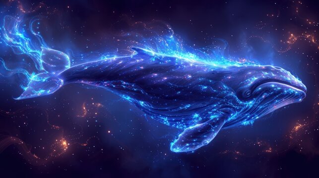 a computer generated image of a blue whale in a space filled with stars and a star filled sky in the background.