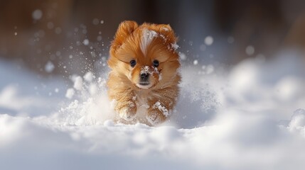 Obraz na płótnie Canvas a small brown dog running through a pile of snow with it's front paws on it's head.