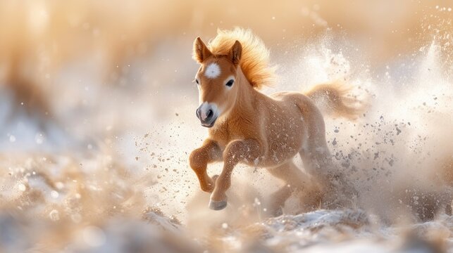 a small brown horse running through a field of snow covered ground with a blurry image of it's face in the background.