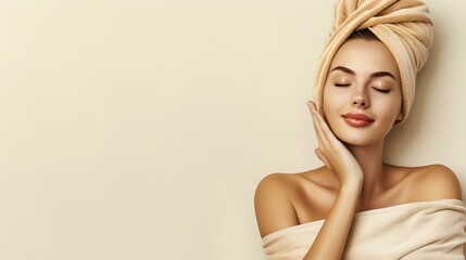 Naklejka premium Serene beauty portrait of a woman wrapped in a towel, indulging in self-care rituals. spa-day relaxation captured in a simplistic style. perfect for wellness concepts. AI