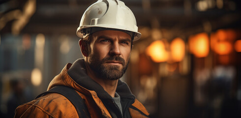 portrait of a Builder with a beard wearing a protective vest and a hard hat near a concrete wall