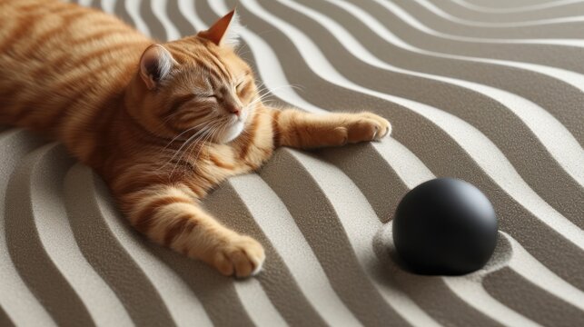 an orange and white cat laying next to a black computer mouse on a gray and white striped carpeted floor.