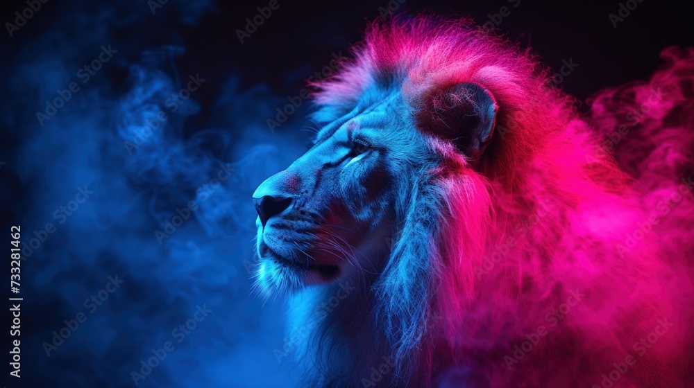 Sticker a lion with red, blue, and pink smoke coming out of it's mouth in front of a black background.