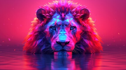 a digital painting of a lion's head in the water with a pink, blue, and red background.