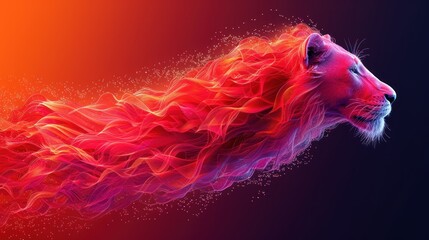 a close up of a lion's head with red and pink smoke coming out of it's mane.