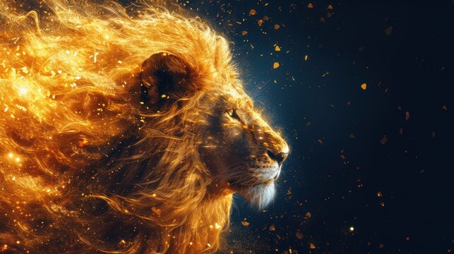 a close up of a lion's face with a lot of fire and sparks in the air around it.