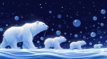 a mother polar bear and her two cubs in the snow with bubbles floating in the air and snow flakes on the ground. - obrazy, fototapety, plakaty
