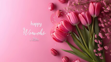 Happy Womens day 8 march banner with tulips on pink background - obrazy, fototapety, plakaty
