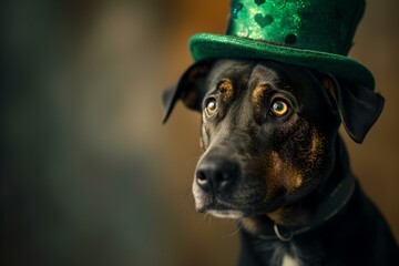 A dog in a green hat looks away thoughtfully. captivating pet portrait. ideal for st. patrick's celebration themes. AI