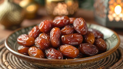 Obraz premium Dried dates fruit can be use for ramadan kareem background, iftar, eid mubarak, islamic event.