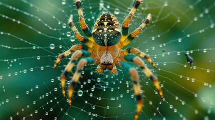 a close up of a spider on a web with drops of water on it's back and a blurry background.