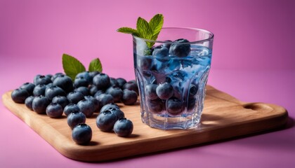 A glass of blueberries with a sprig of mint