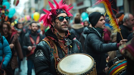 Vibrant street carnival scene with dynamic drummer in focus. colorful celebration, festive atmosphere. urban festivity captured. AI