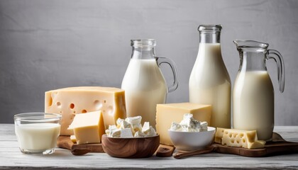 A wooden table with cheese, milk, and butter