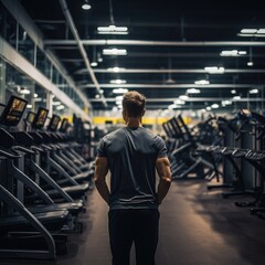 view from behind of a Tenacious Athlete Training Alone in a Well-Organized Gym with Ambient Lighting During a Late-Night Workout
