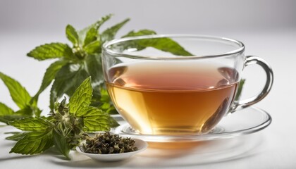 A cup of tea with a spoon and a sprig of mint