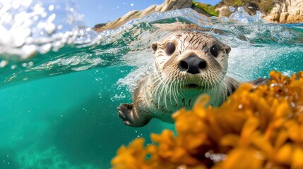 a close up of a sea otter swimming in the water with seaweed in the foreground and a rock outcropping in the background.