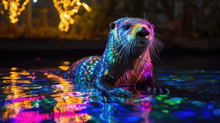 a close up of a sea otter in a body of water with a lot of lights on the side of it.