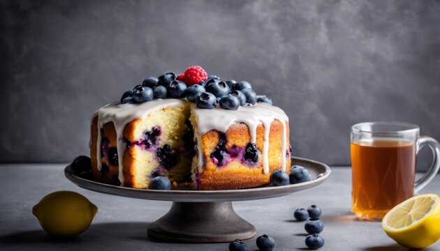 A blueberry cake with a lemon on the side