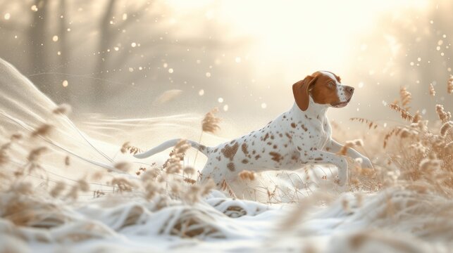 a brown and white dog running through a field of tall grass with snow on the ground and trees in the background.