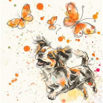 a painting of a dog jumping in the air with a butterfly flying above it and a butterfly flying above it.