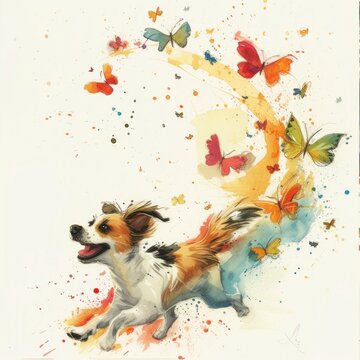 a painting of a dog laying on its back with a bunch of butterflies coming out of the back of it.