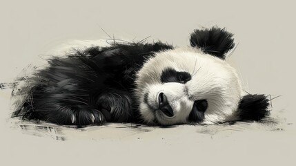 a black and white panda bear laying on its back with it's head on top of it's back.