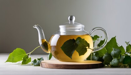 A teapot with a leaf on it