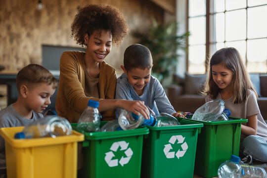 Multi ethnic family prepares Plastic bottle garbage for recycling, eco-friendly concept. Family recycling plastic bottles together at home, to a recycling bins, containers. Environment responsibility